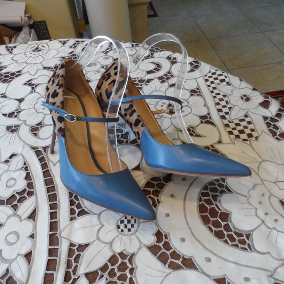 Jennifer Chamandi Light Blue/Leopard "Lorenzo" Two Tone Leather Pumps Si… - Picture 2 of 16